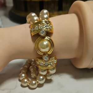 Kenneth J. Lane KJL Double Strand Faux Pearl Clear Rhinestone Bracelet 8"